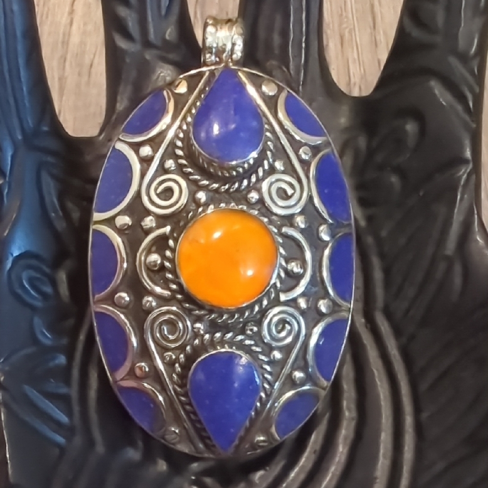 Tibetan Silver Lapis And Copal Pendant